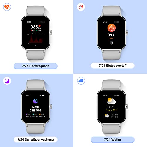 IOWODO Smartwatch Damen Herren 1,69'' Uhren IP68 Wasserdicht Fitnessuhr Tracker mit Pulsschlag SpO2 Schrittzähler Temperatur Schlafmonitor 25 Trainingsmodi Smart Watch für Android iOS (Grau)