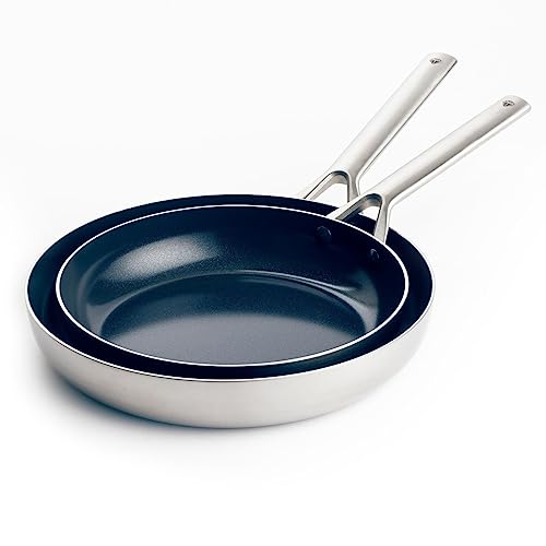 Blue Diamond Cookware Triple Steel Edelstahl Keramik Antihaft, 24 cm und 28 cm Bratpfannen-Set, PFAS-frei, mehrfach beschichtet, Induktion, spülmaschinenfest, backofenfest, Silber