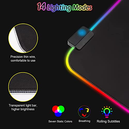 Gaming Mauspad RGB Mousepad 800x300mm XXL Gaming Mousepad groß mit 14 Beleuchtungs Modi 7 LED Farben Wasserdicht Anti Rutsch für Computer PC Professionelle Gamer, Schwarz