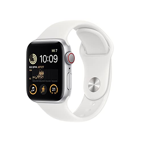 Apple Watch SE (2. Generation) (GPS + Cellular, 40mm) Smartwatch - Aluminiumgehäuse Silber, Sportarmband Weiß - Regular. Fitness-und Schlaftracker, Unfallerkennung, Herzfrequenzmesser