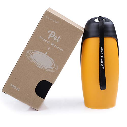 VIVAGLORY Auslaufsichere & tragbare Wasserflasche für Hunde, 750ML Hunde Trinkflasche mit großem Trog, Orange-Gelb