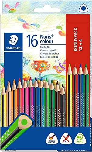 STAEDTLER Buntstifte Noris Colour, erhöhte Bruchfestigkeit, Dreikantform, attraktives Design,ergonomische Soft-Oberfläche,WOPEX Material, brillanten Stiften im Kartonetui .187 C12P1,1er Pack(16 Stück)