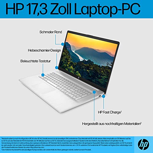 HP Laptop | 17,3 Zoll (43,9 cm) FHD IPS Display | AMD Ryzen 3 7320U | 8 GB RAM | 256 GB SSD | AMD Radeon-Grafik | Windows 11 Home | QWERTZ Tastatur | Silber | mit HP Fast Charge