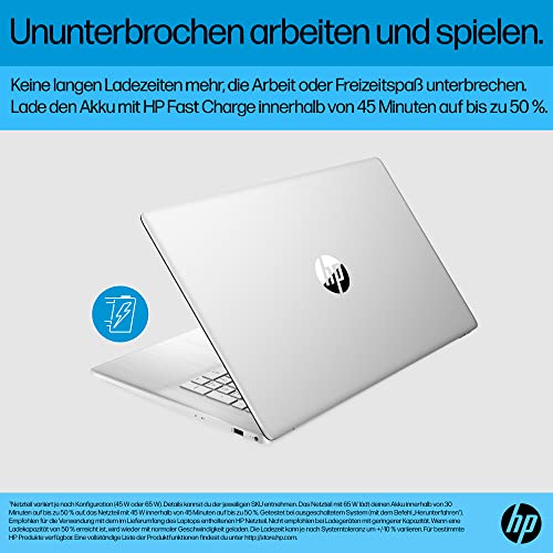 HP Laptop | 17,3 Zoll (43,9 cm) FHD IPS Display | AMD Ryzen 3 7320U | 8 GB RAM | 256 GB SSD | AMD Radeon-Grafik | Windows 11 Home | QWERTZ Tastatur | Silber | mit HP Fast Charge