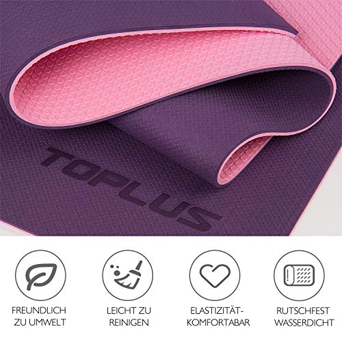 TOPLUS Gymnastikmatte, Yogamatte Yogamatte Gepolstert & rutschfest für Fitness Pilates & Gymnastik mit Tragegurt (Lila-Pink)