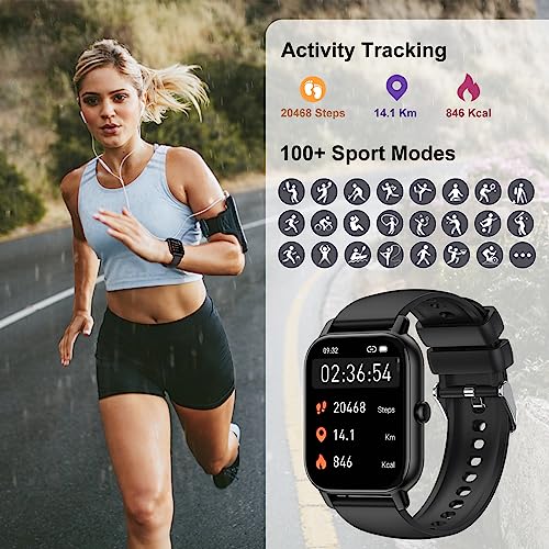 Smartwatch für Damen Herren, 1,85 Zoll Touchscreen Smart Watch mit Bluetooth Anrufe, IP68 Wasserdicht Fitnessuhr mit Herzfrequenzmonitor Schlafmonitor Schrittzähler, Sportuhr für iOS Android, Schwarz