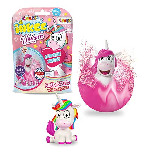 Craze INKEE Unicorn | Badebombe Kinder mit Überraschung, Badekugel 100g mit Einhornfiguren, Pop-Corn Duft