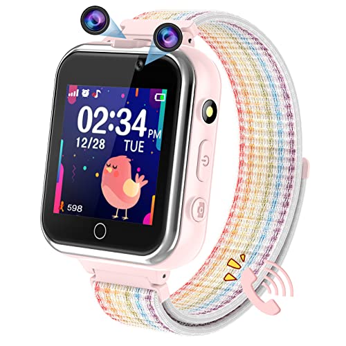 PTHTECHUS Smartwatch Kinder, Spiel Telefon Uhr für Kinder Touchscreen Armbanduhr mit Anruf Taschenrechner Schulmodus SchrittzäHler SOS Wecker Kamera Geschenk für Jungen MäDchen (Rosa)