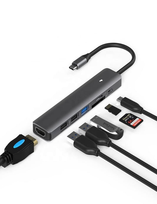 USB C Hub, USB C Adapter, 7-in-1 Typ C Hub mit 4K 30Hz, HDMI-Ausgang, 1 USB 3.0., 2 USB 2.0, SD/Micro SD-Kartenleser, PD 3.0 Laden, LED, MacBook Pro, MacBook, Microsoft Surface Book und mehr