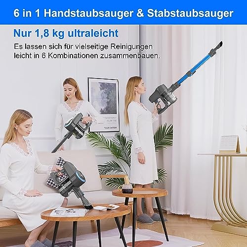 Akku Staubsauger, 20000pa Saugleistung Ultraleichter Staubsauger Kabellos, Vacuum Cleaner Handstaubsauger, 40 Min Laufzeit, kabelloser Staubsauger Stielstaubsauger für Tierhaare,Teppich und Hartböden