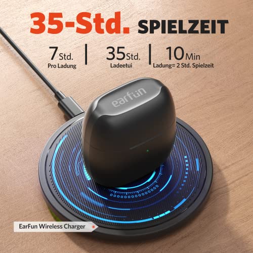 EarFun Air Bluetooth Kopfhörer, In Ear Kopfhörer Kabellos mit 4 Mics Geräuschabschirmung, Stereo-Bass, Lautstärkeregler, 35 Std. Akku, Touch-Bedienung, IPX7, Wireless Charging