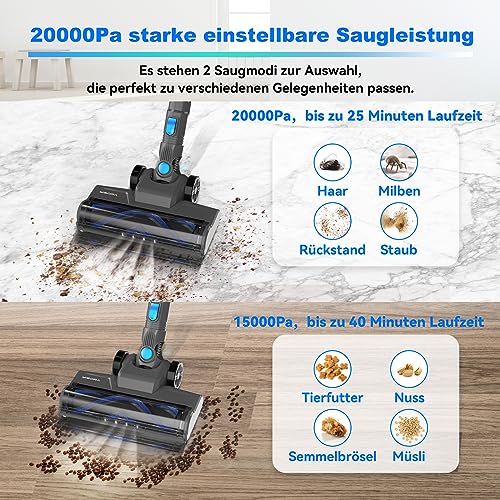 Akku Staubsauger, 20000pa Saugleistung Ultraleichter Staubsauger Kabellos, Vacuum Cleaner Handstaubsauger, 40 Min Laufzeit, kabelloser Staubsauger Stielstaubsauger für Tierhaare,Teppich und Hartböden