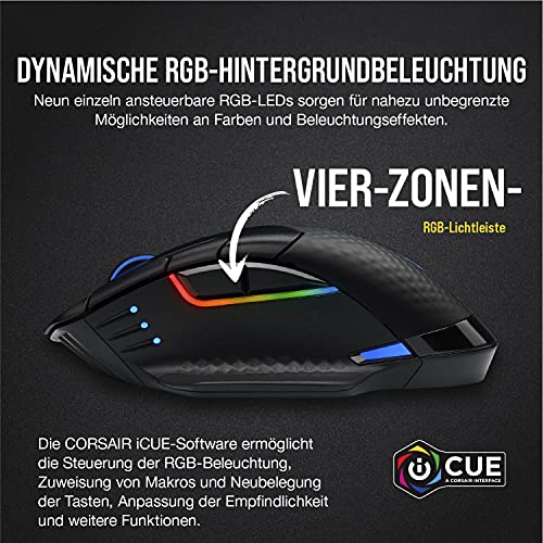 Corsair, USB, Dark Core RGB PRO SE kabellose Gaming-Maus mit kabelloser Qi-Aufladefunktion (18K DPI Sensor, Acht Programmierbare Tasten, Dynamische iCUE RGB-Hintergrundbeleuchtung) schwarz