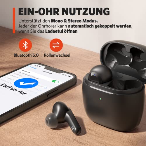 EarFun Air Bluetooth Kopfhörer, In Ear Kopfhörer Kabellos mit 4 Mics Geräuschabschirmung, Stereo-Bass, Lautstärkeregler, 35 Std. Akku, Touch-Bedienung, IPX7, Wireless Charging