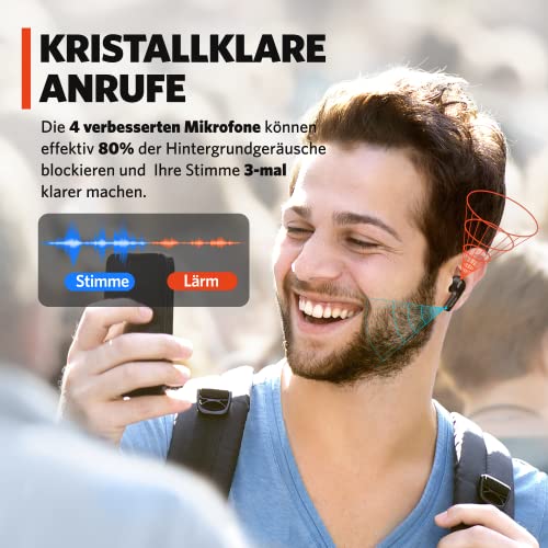 EarFun Air Bluetooth Kopfhörer, In Ear Kopfhörer Kabellos mit 4 Mics Geräuschabschirmung, Stereo-Bass, Lautstärkeregler, 35 Std. Akku, Touch-Bedienung, IPX7, Wireless Charging