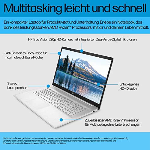 HP Laptop | 17,3 Zoll (43,9 cm) FHD IPS Display | AMD Ryzen 3 7320U | 8 GB RAM | 256 GB SSD | AMD Radeon-Grafik | Windows 11 Home | QWERTZ Tastatur | Silber | mit HP Fast Charge