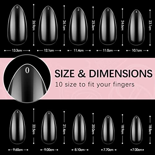 BTArtbox 500 Stück Mandel Tips für Nägel Mittel Full Cover Almond Nail Tips für Gelnägel Klare Acryl Nageltips Mandelform Künstliche Fingernägel mit Box, für Nagelstudios und DIY-Nagelkunst, 10 Größen