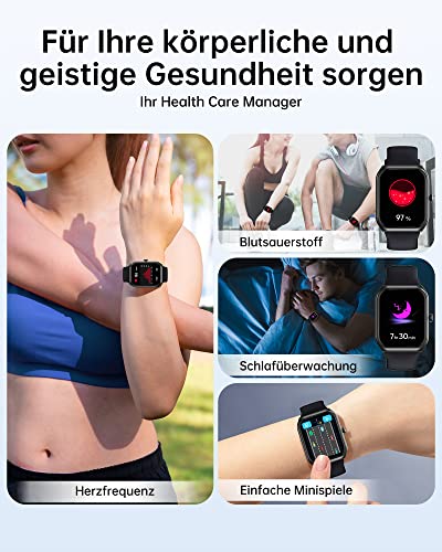 TUYOMA Smartwatch Herren Damen, 1,91 Zoll Touchscreen Fitnessuhr mit Telefonfunktion, IP68 Wasserdicht Sportuhr mit Herzfrequenz, SpO2, Schlafmonitor, Spiele, Smart Watch für iOS und Android