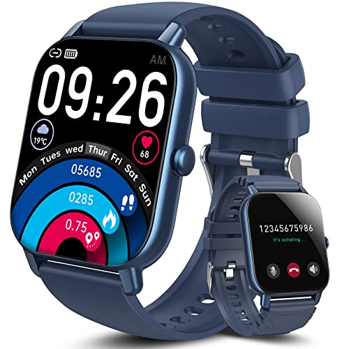 Aptkdoe Smartwatch Damen Herren mit Bluetooth Anrufe, 1.85 Zoll Voll Touch Screen Smart Watch, 112 Sportmodi Fitnessuhr, IP68 Wasserdicht Sportuhr mit Schrittzähler Schlafmonitor für iOS/Android Blau