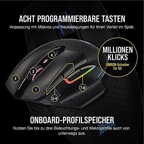 Corsair, USB, Dark Core RGB PRO SE kabellose Gaming-Maus mit kabelloser Qi-Aufladefunktion (18K DPI Sensor, Acht Programmierbare Tasten, Dynamische iCUE RGB-Hintergrundbeleuchtung) schwarz