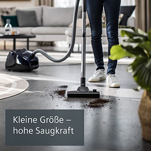 Siemens Staubsauger mit Beutel synchropower VS06A111, Bodenstaubsauger, Hygiene-Filter, Bodendüse für Hartboden und Teppich, starke Saugleistung, langes Kabel, Fugendüse, 600 W, blau