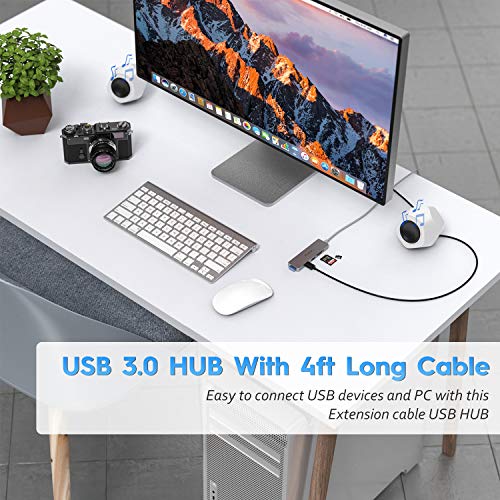 Aceele USB Hub 3.0 mit 1.2 m Kabel, 6-in-1 USB Adapter auf 3 USB 3.0 Extension und SD/TF Kartenleser, geeignet für Laptops, Desktops PC, Xbox und Mac usw (Grau)