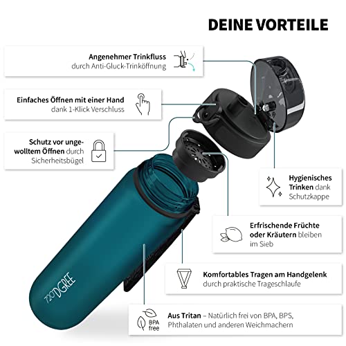 720°DGREE Trinkflasche Kinder 500ml “uberBottle“ softTouch +Sieb - Auslaufsicher, BPA-Frei - Flasche für Schule, Sport, Fitness - Wasserflasche aus Tritan - Schmal, Leicht, Stoßfest, Wiederverwendbar