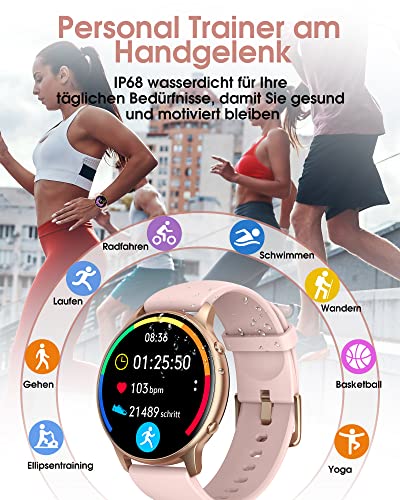 TUYOMA Smartwatch Damen, 1,3 Zoll Touchscreen Fitnessuhr Damen, IP68 Wasserdicht Sportuhr Schrittzähler mit Herzfrequenz, SpO2, Schlafmonitor, für iOS und Android