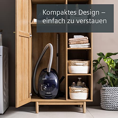 Siemens Staubsauger mit Beutel synchropower VS06A111, Bodenstaubsauger, Hygiene-Filter, Bodendüse für Hartboden und Teppich, starke Saugleistung, langes Kabel, Fugendüse, 600 W, blau