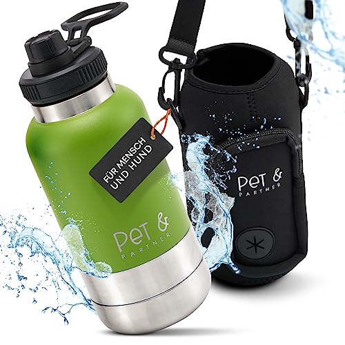 PET & PARTNER Trinkflasche Edelstahl | Inkl. 2X Hundenapf für unterwegs & Kotbeutelspender [+ EXTRAFACH] Tasche + Trinkflasche 950ml - Farbe wählbar