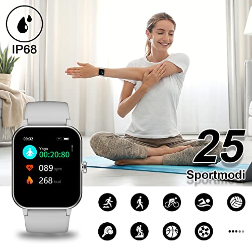 IOWODO Smartwatch Damen Herren 1,69'' Uhren IP68 Wasserdicht Fitnessuhr Tracker mit Pulsschlag SpO2 Schrittzähler Temperatur Schlafmonitor 25 Trainingsmodi Smart Watch für Android iOS (Grau)