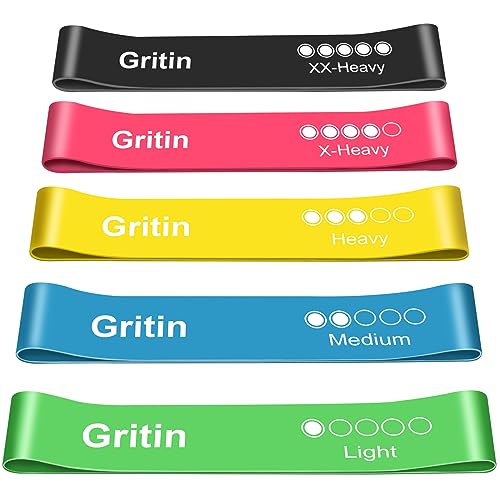 Gritin Fitnessbänder [5er Set] Widerstandsbänder mit 5 Stufen, 100% Latex Fitnessband Resistance Terra Bands mit Deutscher Übungsanleitung & Tragebeutel, Gymnastikband für Muskelaufbau, Yoga, Pilates