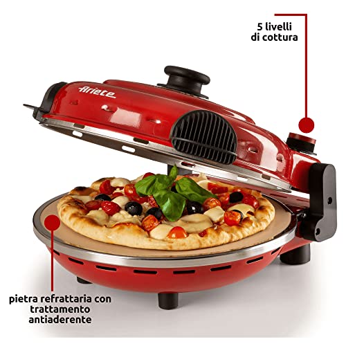 Ariete 919 Pizza in 4 Minuten, Pizzaofen, 400 Grad, backt in 4 Minuten, Schamottstein 32 cm Durchmesser, 1200 Watt, Zeitgeber von 15 Minuten, rot