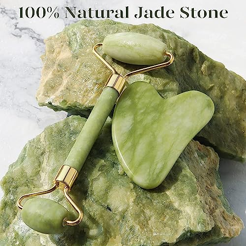 BAIMEI Gua Sha und Face Roller Tool, Jade Roller Gesichts- und Nackenmassagegerät, Gua Sha beruhigt und entspannt die Haut, verbessert Augenschwellungen