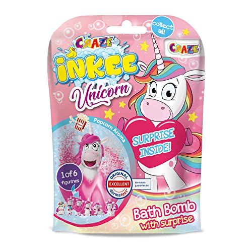 Craze INKEE Unicorn | Badebombe Kinder mit Überraschung, Badekugel 100g mit Einhornfiguren, Pop-Corn Duft