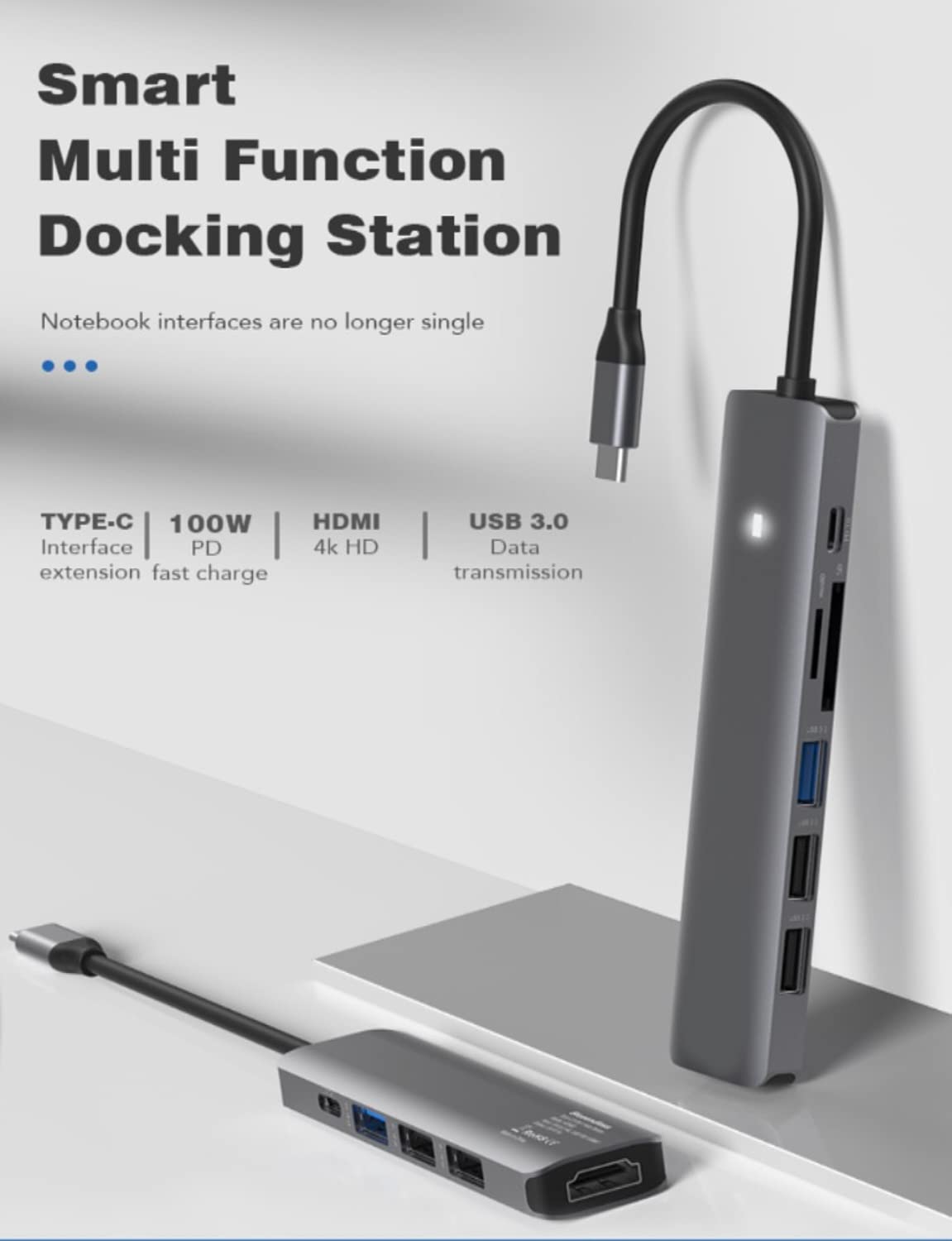 USB C Hub, USB C Adapter, 7-in-1 Typ C Hub mit 4K 30Hz, HDMI-Ausgang, 1 USB 3.0., 2 USB 2.0, SD/Micro SD-Kartenleser, PD 3.0 Laden, LED, MacBook Pro, MacBook, Microsoft Surface Book und mehr