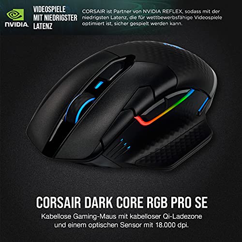 Corsair, USB, Dark Core RGB PRO SE kabellose Gaming-Maus mit kabelloser Qi-Aufladefunktion (18K DPI Sensor, Acht Programmierbare Tasten, Dynamische iCUE RGB-Hintergrundbeleuchtung) schwarz