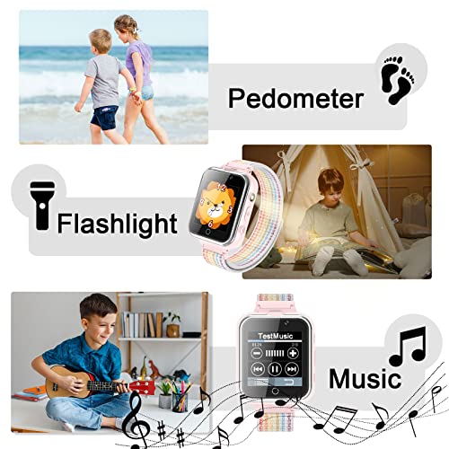 PTHTECHUS Smartwatch Kinder, Spiel Telefon Uhr für Kinder Touchscreen Armbanduhr mit Anruf Taschenrechner Schulmodus SchrittzäHler SOS Wecker Kamera Geschenk für Jungen MäDchen (Rosa)