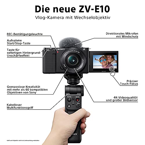 Sony Alpha ZV-E10 | APS-C spiegellose Wechselobjektiv-Vlog-Kamera (schwenkbarer Bildschirm für Vlogging, 4K-Video, Echtzeit-Augen-Autofokus), Schwarz + SEL1650 Objektiv