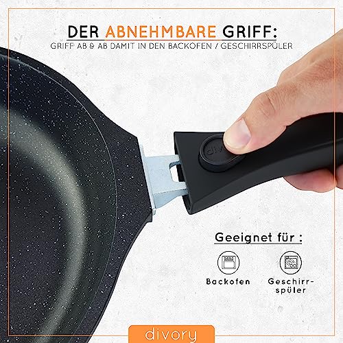 DIVORY Pfannenset 3-teilig Pfanne 20cm, 24cm, 28cm mit abnehmbaren Griff, Induktion, Antihaft-Beschichtete Bratpfanne hoch + Pfannenschoner - Induktionspfanne