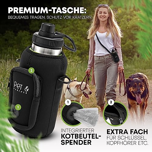 PET & PARTNER Trinkflasche Edelstahl | Inkl. 2X Hundenapf für unterwegs & Kotbeutelspender [+ EXTRAFACH] Tasche + Trinkflasche 950ml - Farbe wählbar