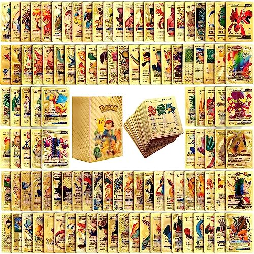 SANPAN 110 Karten Kompatibel mit Pokemon Sammelalbum, TCG Rare Drache Karten Gold, Goldfolien Sammelkarten Sets für Kinder, Sammeln VMAX/V/GX/DX Keine Duplizierung,Deutsch (Gold)