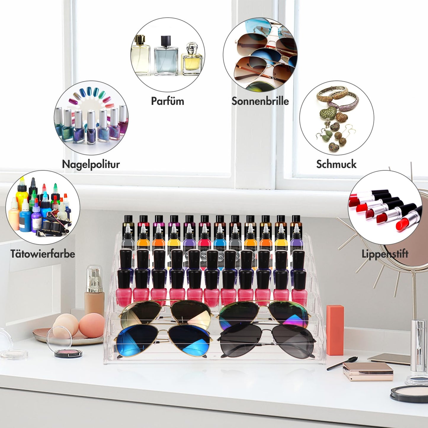 AusDaur Nagellack Aufbewahrung Organizer Regal, 6-Tier Klar Farbständer, Halter für Miniaturfarben, Gel-Nagellack, ätherischen Ölen und Sonnenbrille, erfüllt Künstler und Schönheitsbedürfnisse