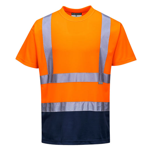 Zweifarbiges Warnschutz T-Shirt  Dieses zweifarbige T-Shirt mit guter Passform bietet optimale Bewegungsfreiheit in allen Arbeitslagen. Das Reflexband gewährt höchste Sichtbarkeit und Sicherheit.