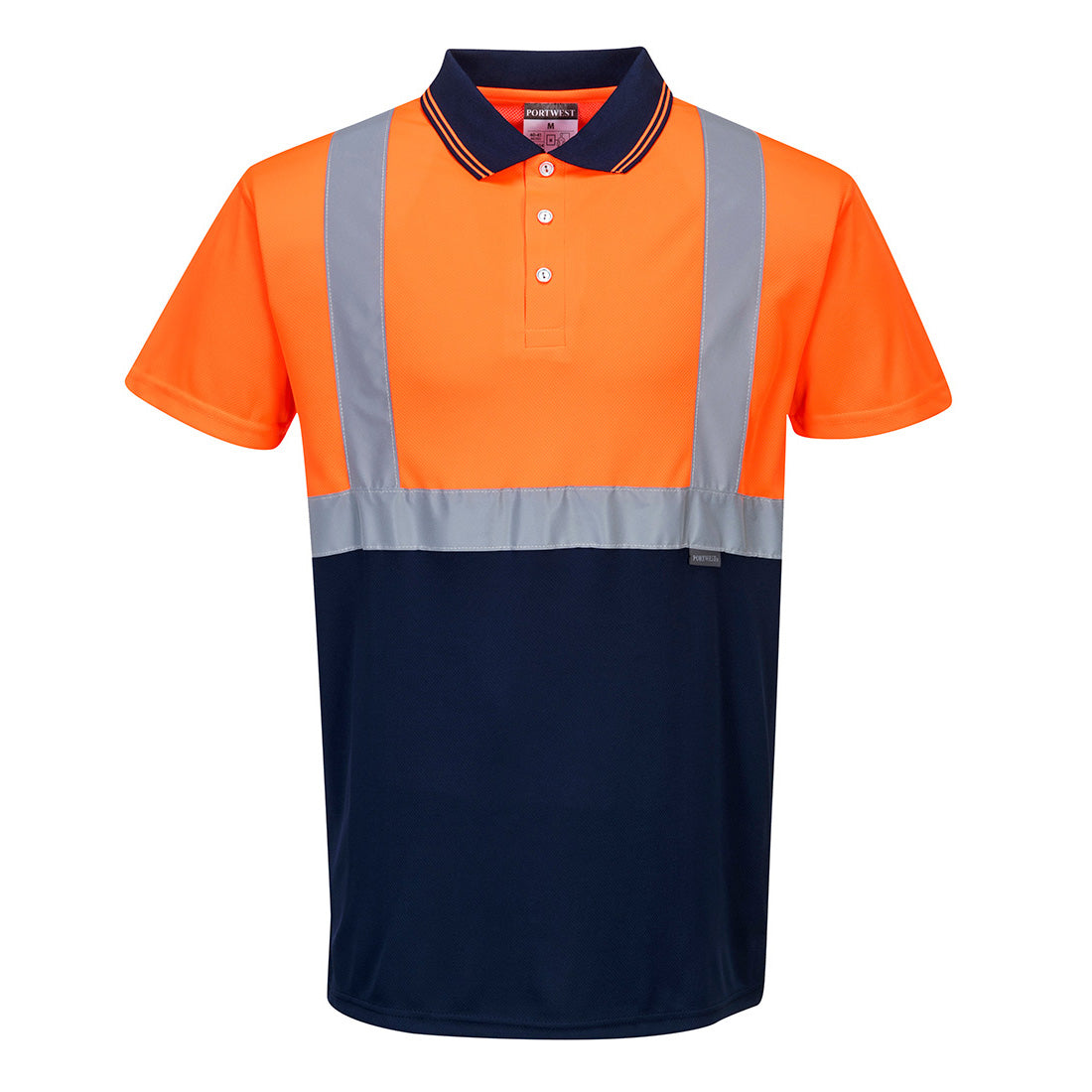 Zweifarbiges Polo Shirt - Besticken oder bedrucken mit Firmen Logo  Das modernes Design des S479 bietet dem Träger Sicherheit und Komfort. Das Styling mit den Kontrastfarben marine und grau ist ideal für warme Tage und schmutzempfindliche Arbeiten bei denen Warnschutz erforderlich ist.