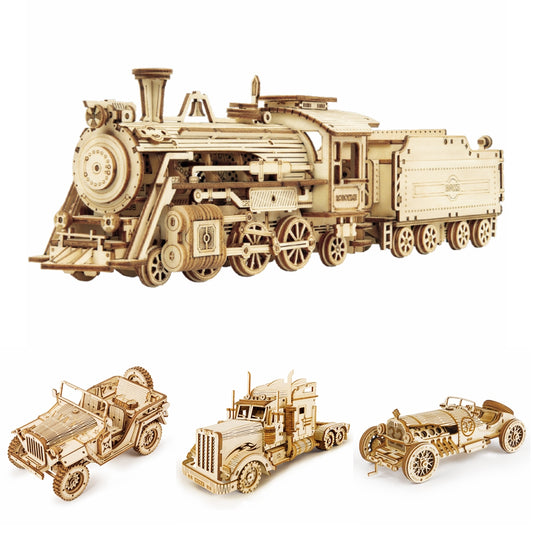 Holzmodelle - fahrbare DIY Bastel Modelle Zug, Rennwagen, Lastwagen, Jeep