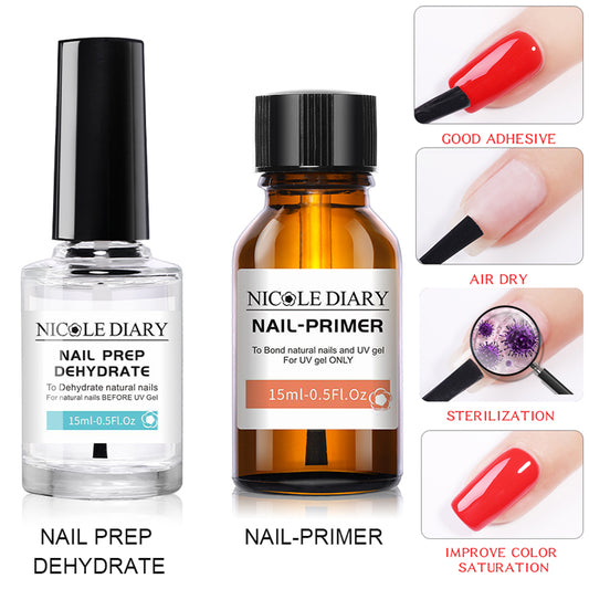 NICOLE DIAYR 15ML Nail Prep Dehydrator And Nail-Primers Set Long Lasting Air Dry Sterlization Liquid For Gel Polish Tool